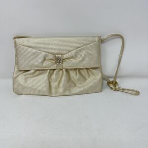 Vintage Gold Metallic Evening Bag Rhinestone Bow Clutch Cocktail Wedding Purse
